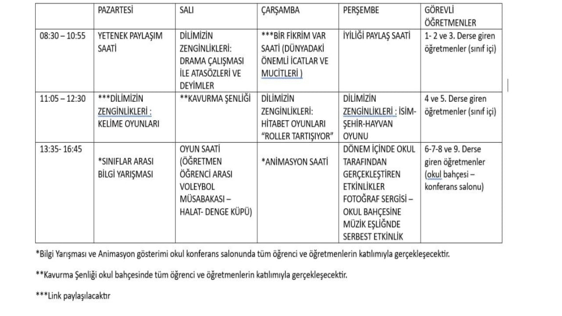 13-16 Ocak Haftası Okulumuzda Yapılacak Faaliyetler